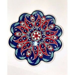 7" Red & Blue Floral Pottery Tile Trivet - Traditional Iznik Turkish Ceramic Art